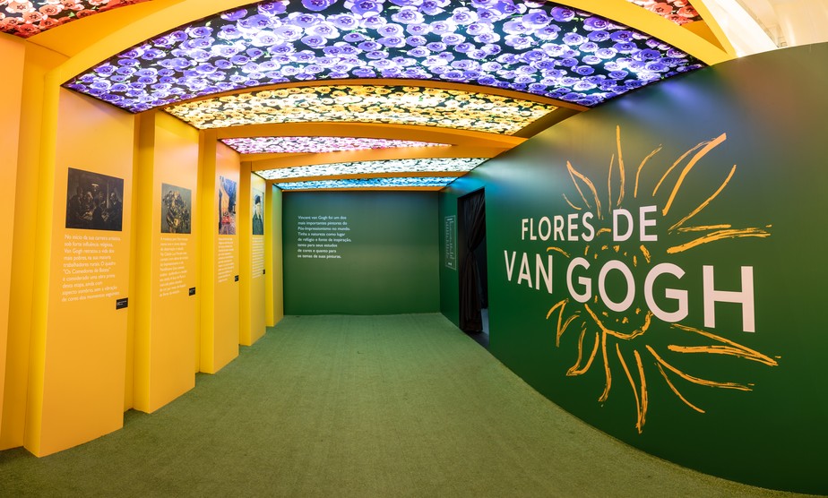 Tulipas decoram o teto da entrada da exposição 'Flores de Van Gogh'