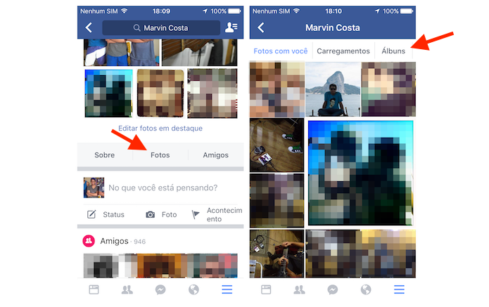 Acessando os álbuns de foto do usuário do Facebook pelo aplicativo para iPhone (Foto: Reprodução/Marvin Costa)