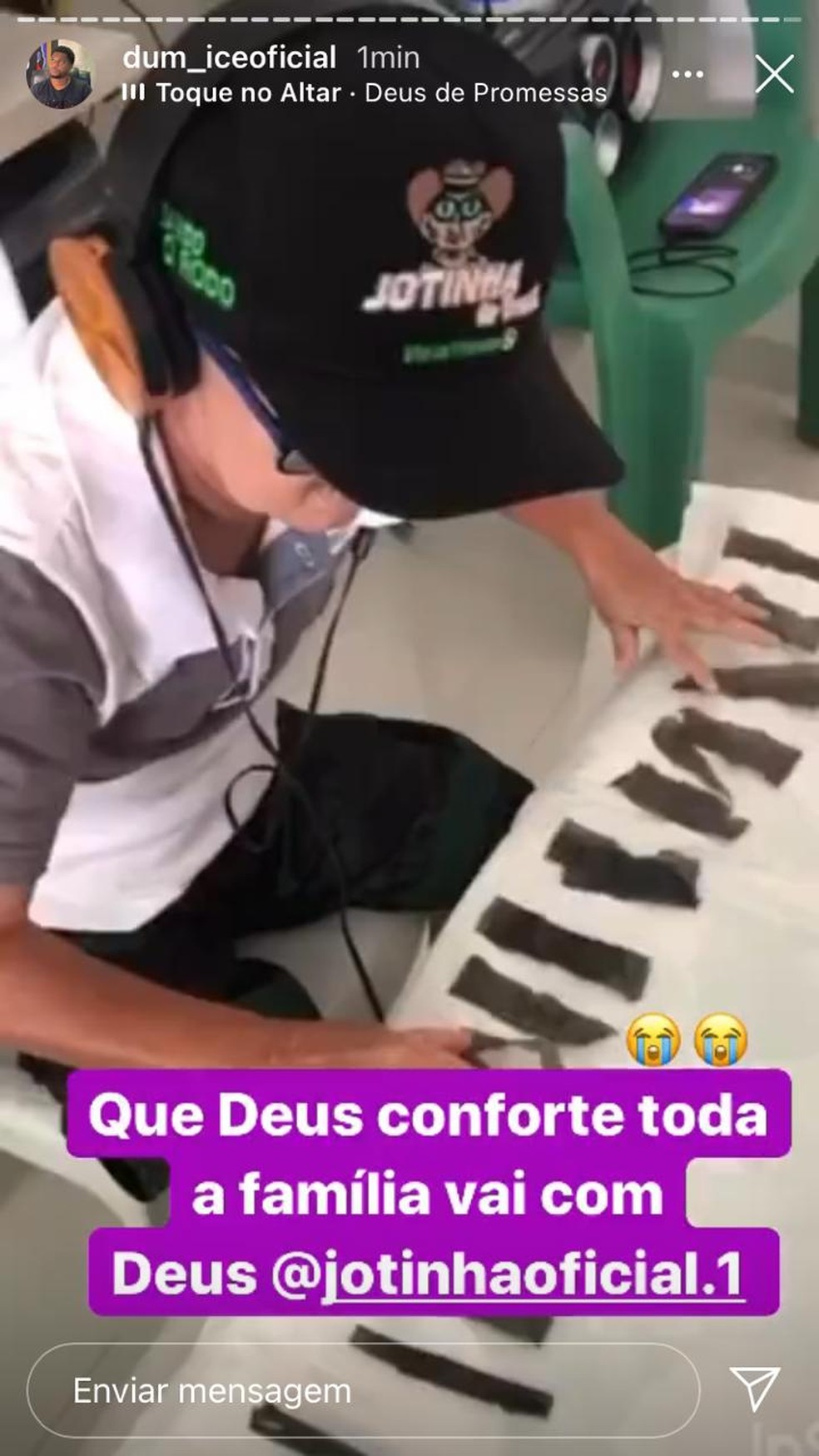 Dum Ice também fez um storie no Instagram lamentando a morte de Jotinha — Foto: Reprodução/Redes sociais