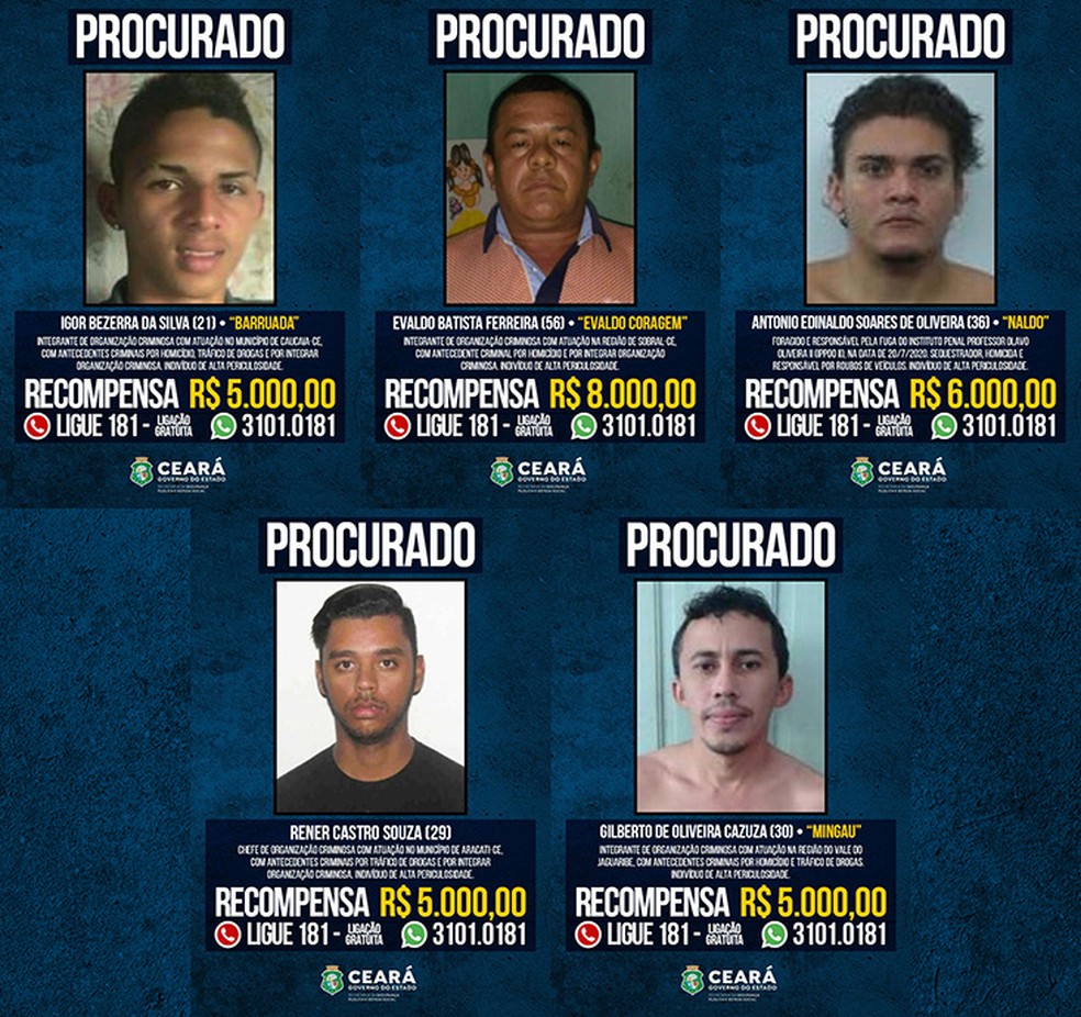 Os valores oferecidos por informações dos suspeitos variam entre 5 e 8 mil reais, no Ceará. — Foto: SSPDS/Reprodução
