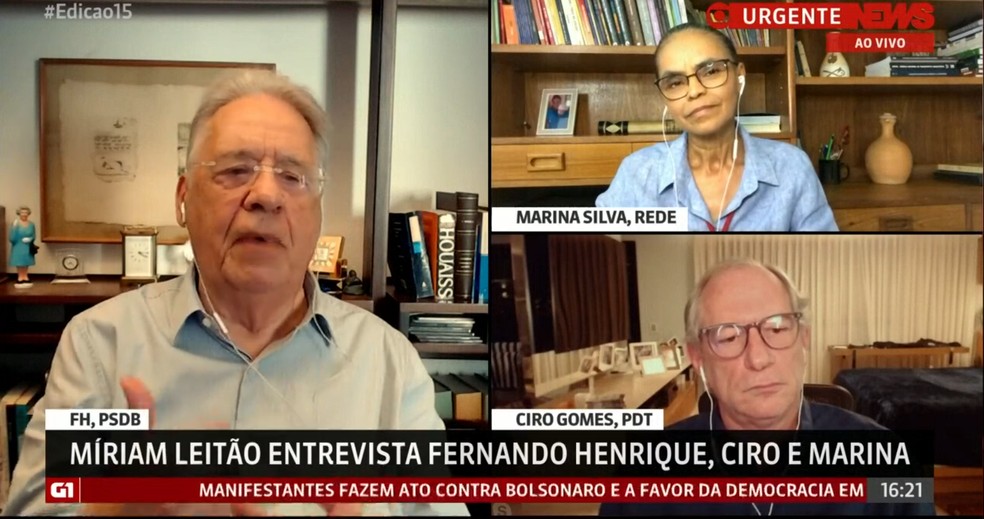 Fernando Henrique Cardoso, Marina Silva e Ciro Gomes em entrevista à GloboNews — Foto: Reprodução/GloboNews