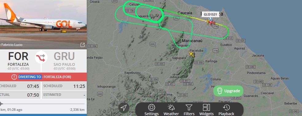 Imagem do site Flightradar24 mostra a rota percorrida pelo voo da Gol.  — Foto: Reprodução