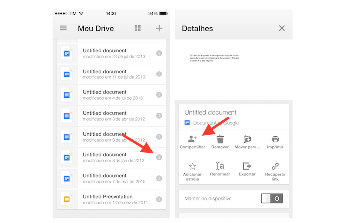 Acessando a ferramenta de compartilhamento do Google Drive para iPhone (Foto: Marvin Costa/TechTudo)
