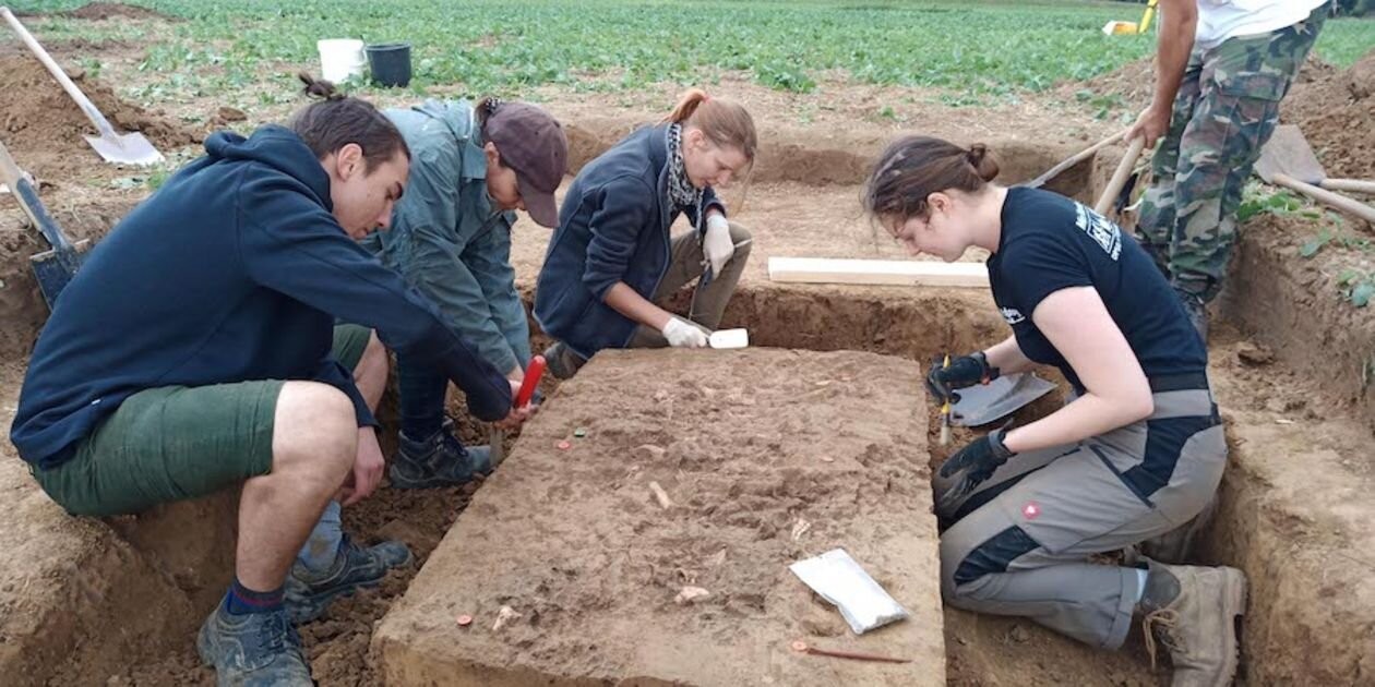Alunos do Instituto de Pré-história e Arqueologia Medieval da Universidade de Tübingen escavando a sepultura da mulher em 2020 (Foto: Universidade de Tübingen )