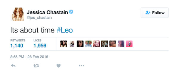 A atriz Jessica Chastain disse que já estava na hora de Leonardo DiCaprio vencer (Foto: Twitter)