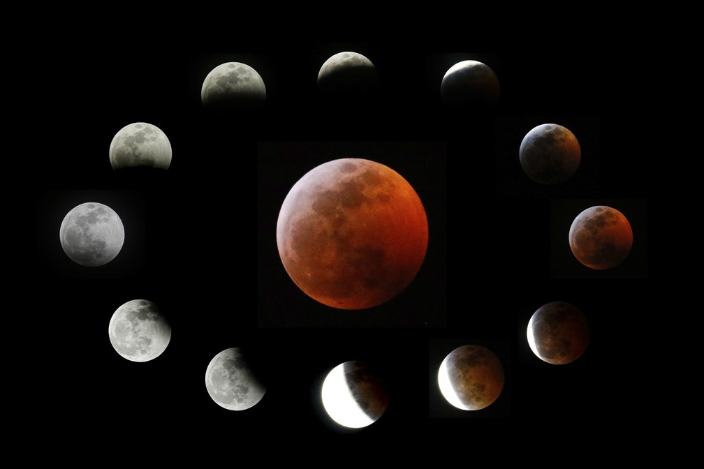 A foto combinada mostra a Lua completamente eclipsada, no centro, e as diferentes fases do eclipse lunar total conforme visto em Los Angeles, CalifÃ³rnia. â Foto: Associated Press