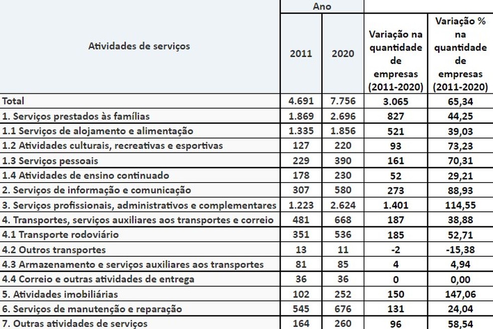 Atividades de serviços entre 2011 e 2020 — Foto: Divulgação /IBGE