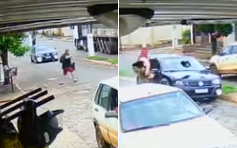 Montagem mostra quando mulher tentava atravessar rua e foi atingida por carro, em Pires do Rio, Goiás — Foto: Montagem/g1 e Reprodução/TV Anhanguera