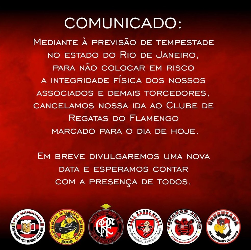 Comunicado Torcidas Flamengo — Foto: Reprodução