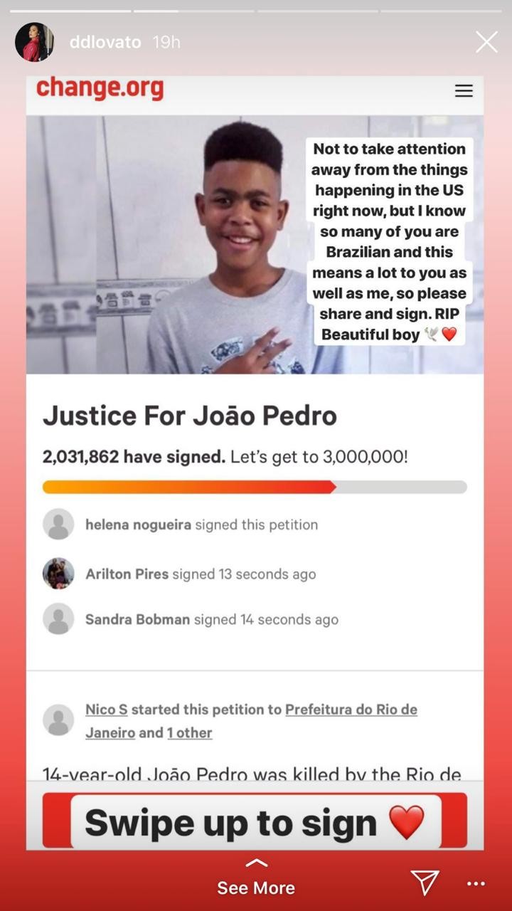 Demi Lovato compartilha petição que pede justiça para morte de João Pedro (Foto: Reprodução/ Instagram )