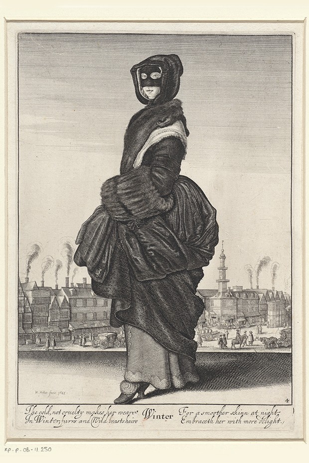 Winter; Woman with fur hood, mask and fur muff from The Four Seasons (1643). Etching by Wenceslaus Hollar (Foto: Rijksmuseum)