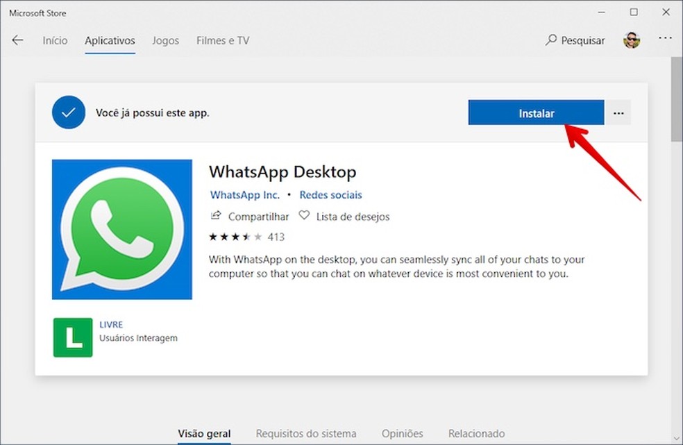 Instale o app do WhatsApp no Windows 10 — Foto: Reprodução/Helito Beggiora