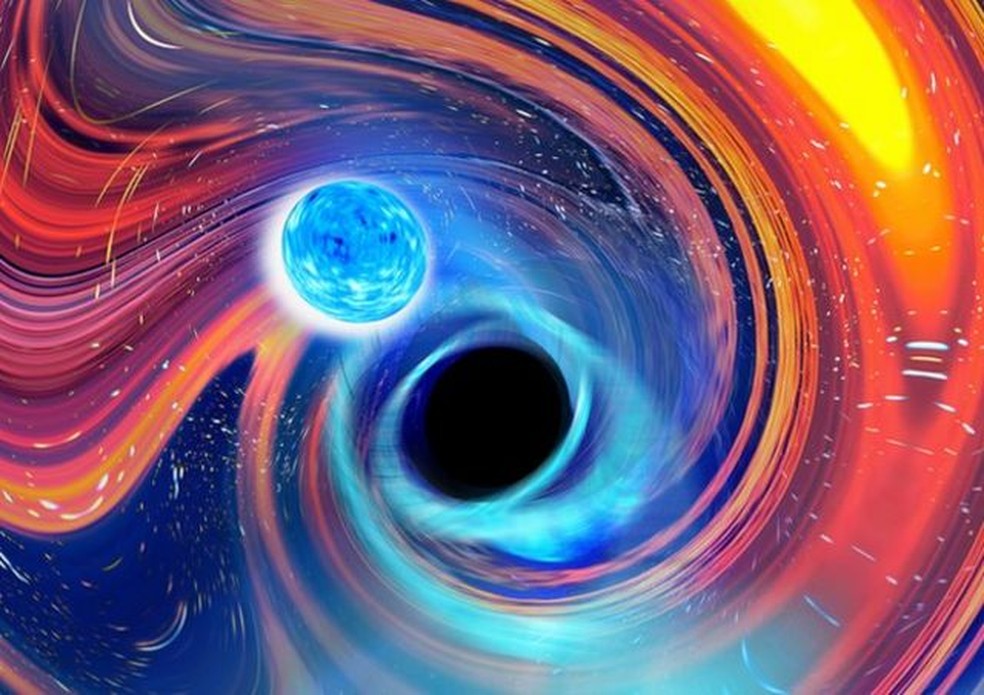 Ilustração da fusão entre uma estrela de nêutrons e um buraco negro gerando uma onda gravitacional — Foto: Carl Knox, Ozgrav-Swinburne University/Ligo (via BBC)