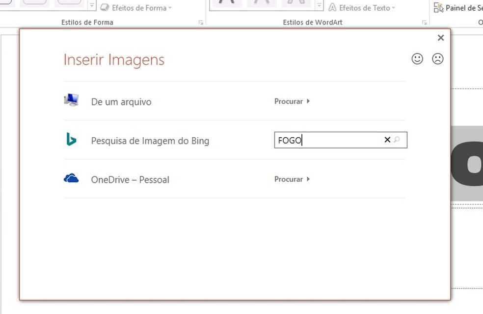 PowerPoint permite que você busque a imagem que será utilizada para customizar seu texto no computador, na internet ou na nuvem (Foto: Reprodução/Rodrigo Fernandes)