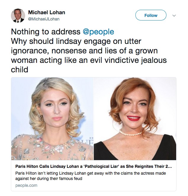 O post do pai de Lindsay Lohan defendendo a filha e criticando Paris Hilton (Foto: Twitter)