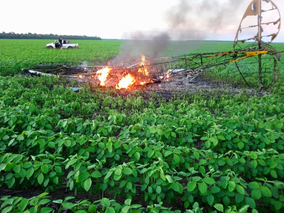 Piloto e passageiro morreram após avião cair em plantação de soja e pegar fogo em Querência — Foto: Polícia Militar de Querência/Divulgação