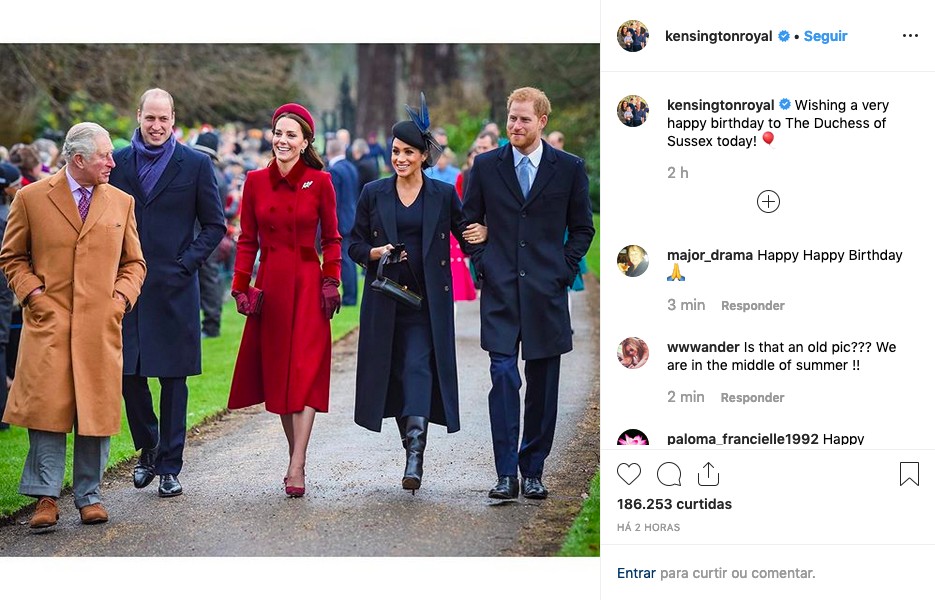 O post compartilhado pelos assessores do Príncipe William e da duquesa Kate Middleton celebrando o aniversário de 38 anos da atriz e duquesa Meghan Markle (Foto: Instagram)