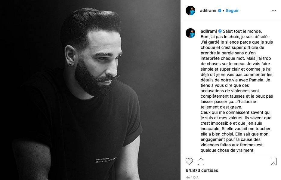 O post do jogador de futebol francês Adil Rami rebatendo as acusações feitas pela ex-namorada dele, a atriz e modelo Pamela Anderson (Foto: Instagram)