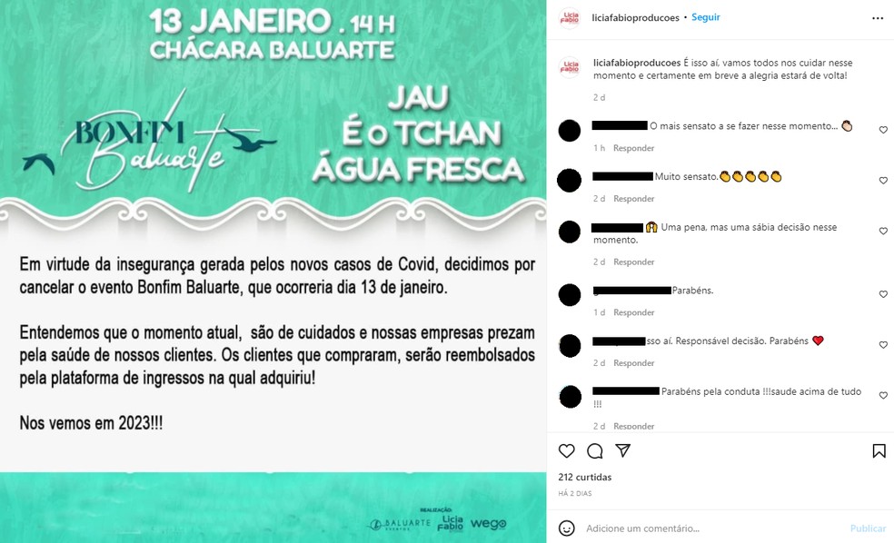 Festa Bonfim Baluarte, com Jau e É o Tchan, é cancelada em Salvador — Foto: Redes sociais