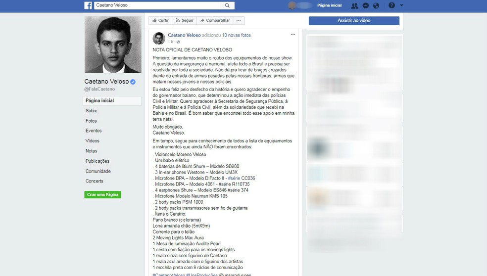 Caetano fez post listando equipamentos que seguem desaparecidos (Foto: Reprodução/Facebook)