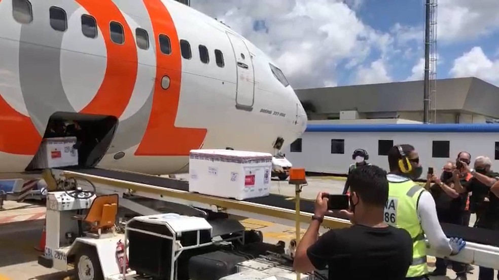 Vacinas chegam às 12h10 no Aeroporto Internacional Castro Pinto, em João Pessoa — Foto: Reprodução/SES-PB