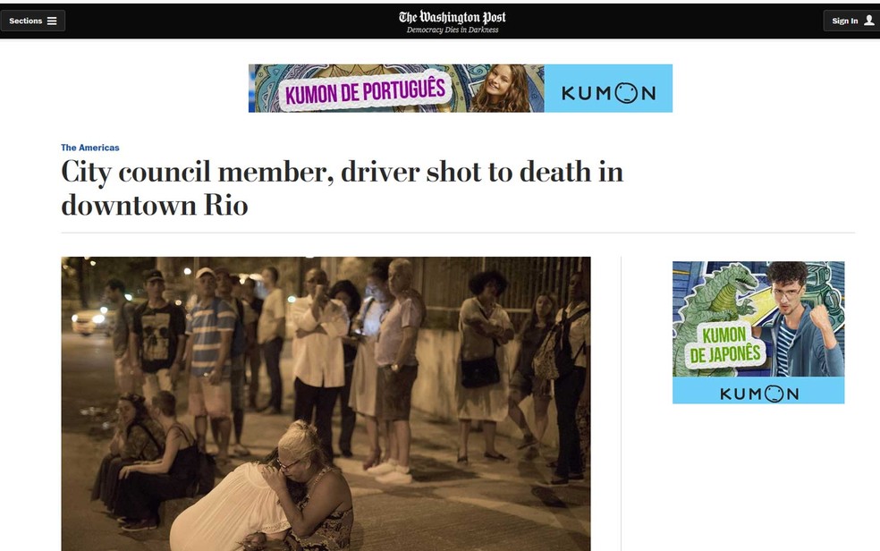 Caso da morte da vereadora Marielle Franco no site do The Washington Post (Foto: Reprodução / The Washington Post)