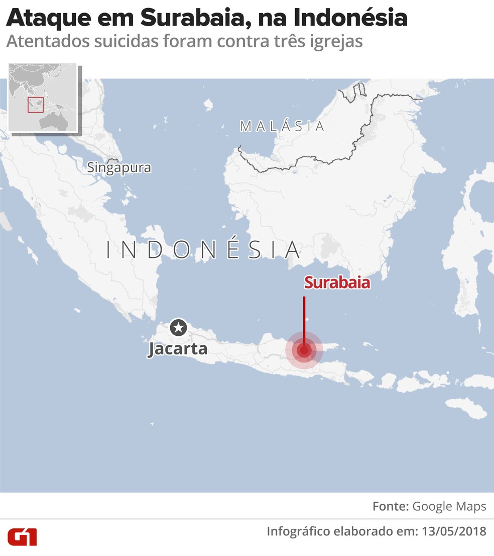 Atentado em igrejas na IndonÃ©sia deixou 13 mortos (Foto: Alexandre Mauro/G1)