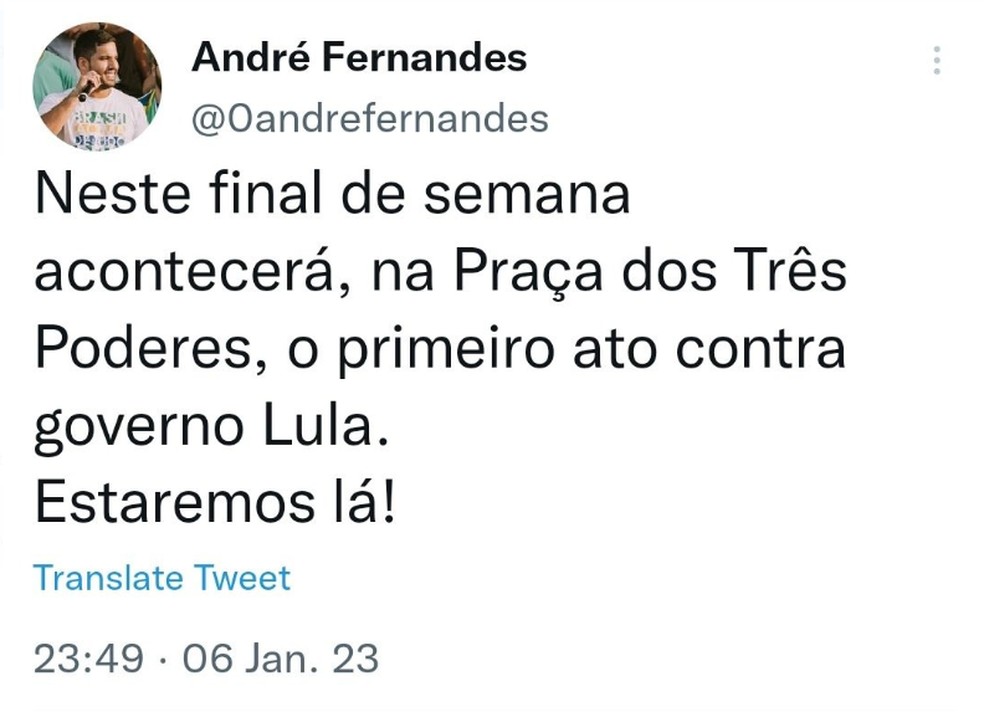 Postagem feita por André Fernandes na sexta-feira (6). Deputado federal chama para o ato na Praça dos Três Poderes. — Foto: Reprodução/TV Verdes Mares