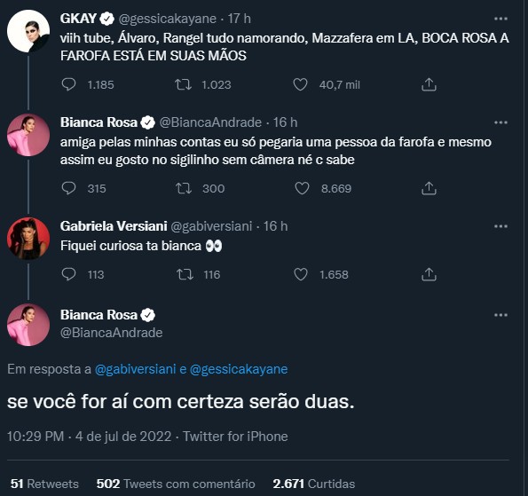 Bianca Andrade e Gabriela Versiani interagem no Twitter (Foto: Twitter/Reprodução)