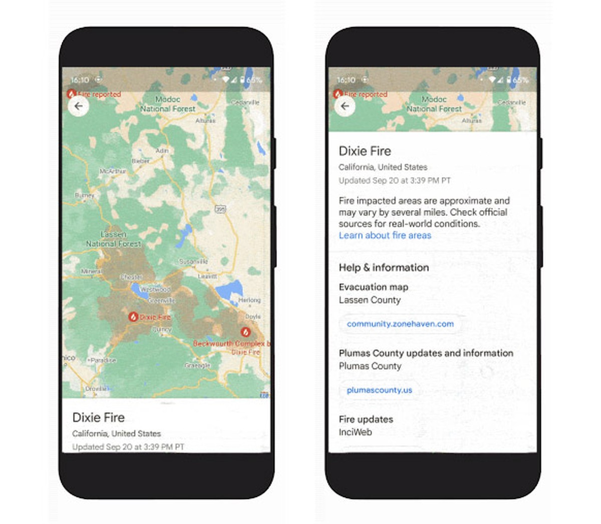 Google Maps pour présenter des informations sur les incendies de forêt |  La technologie