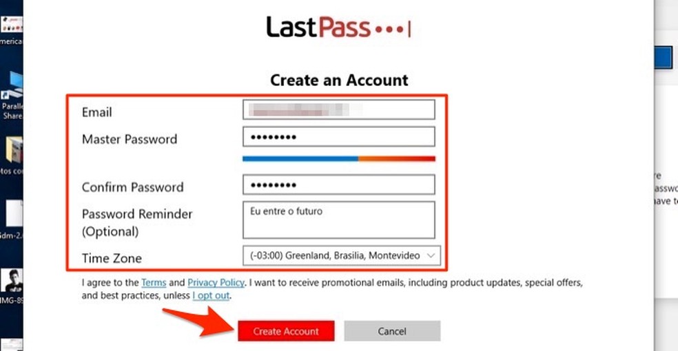 Ação para criar uma conta no serviço de gerenciamento de senhas LastPass — Foto: Reprodução/Marvin Costa