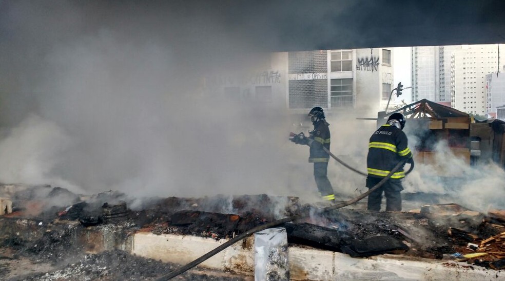 Fogo controlado embaixo do viaduto Júlio de Mesquita (Foto: Divulgação/Corpo de Bombeiros)