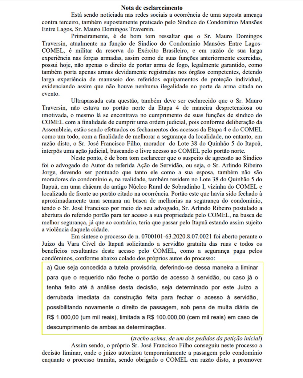 Após confusão, síndico de condomínio do DF, divulga nota — Foto: Reprodução