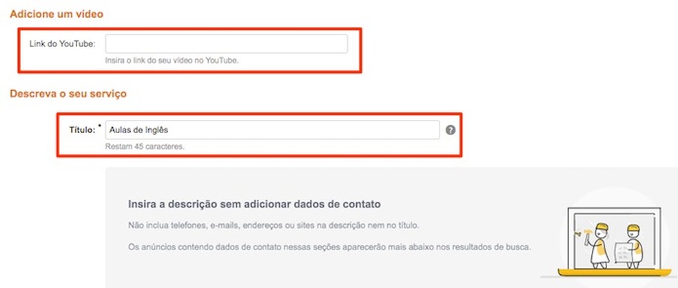 Ação para adicionar links do YouTube e o título para seu anúncio de serviço no Mercado Livre — Foto: Reprodução/Marvin Costa