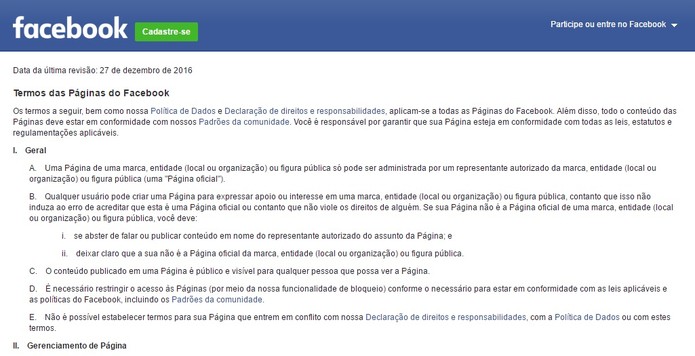 O Facebook possui uma página com os termos da rede social (Foto: Reprodução/Camila Peres)