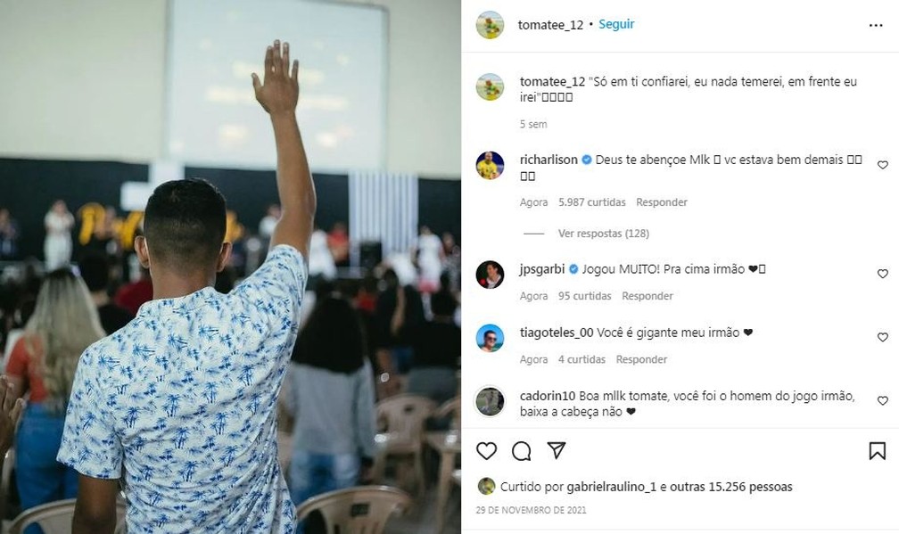 Atacante Richarlison deixa mensagem de apoio para goleiro acreano — Foto: Reprodução/Instagram