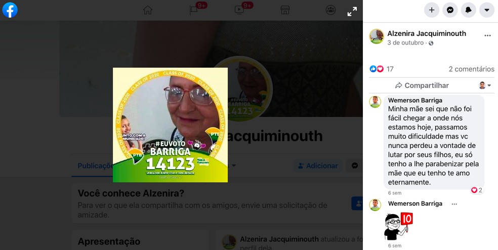 Candidata que teve zero votos em Itacoatiara (BA) fez campanha para o filho em sua rede social — Foto: Reprodução