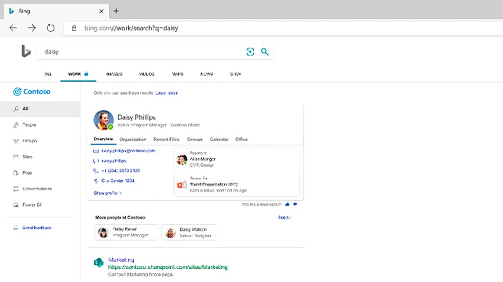 Bing agora exibe aba de trabalho, que permite pesquisar arquivos e sites internos da empresa — Foto: Reprodução/Microsoft