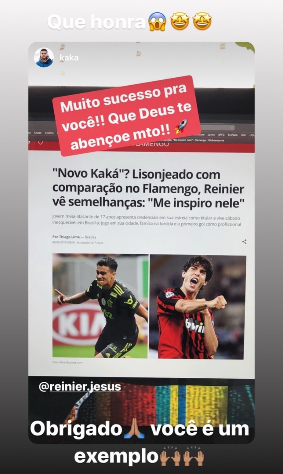Kaká deseja sucesso a Reinier, que agradece mensagem do ídolo — Foto: Reprodução / Instagram