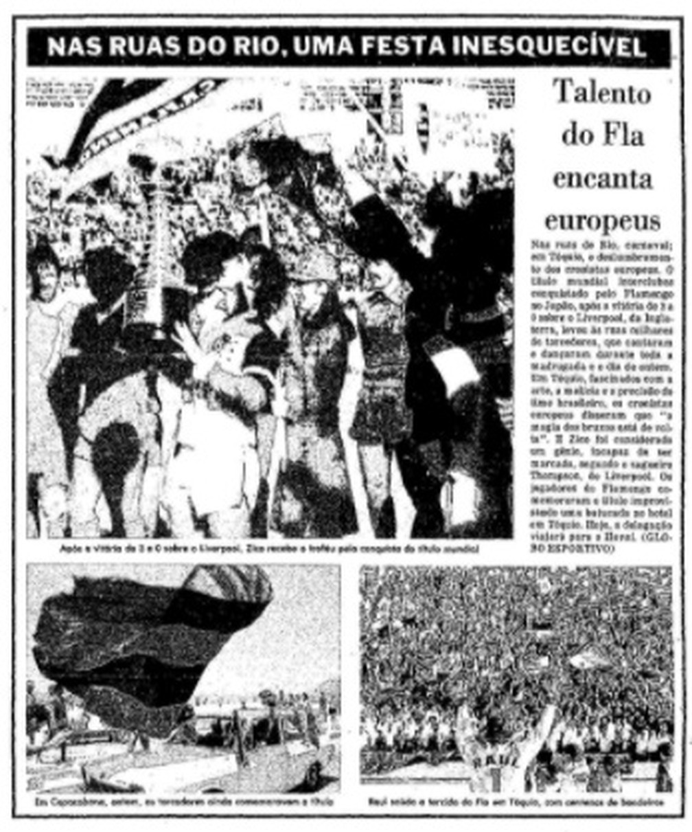 Jornal O Globo em 1981 destacou a festa do Flamengo pelo título mundial — Foto: Reprodução