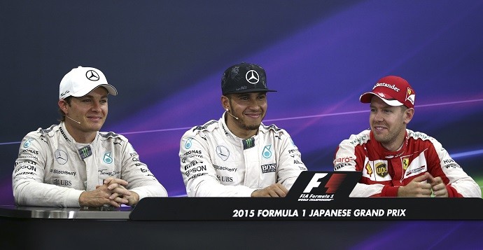Nico Rosberg, Lewis Hamilton e Sebastian Vettel na coletiva de imprensa após o GP do Japão