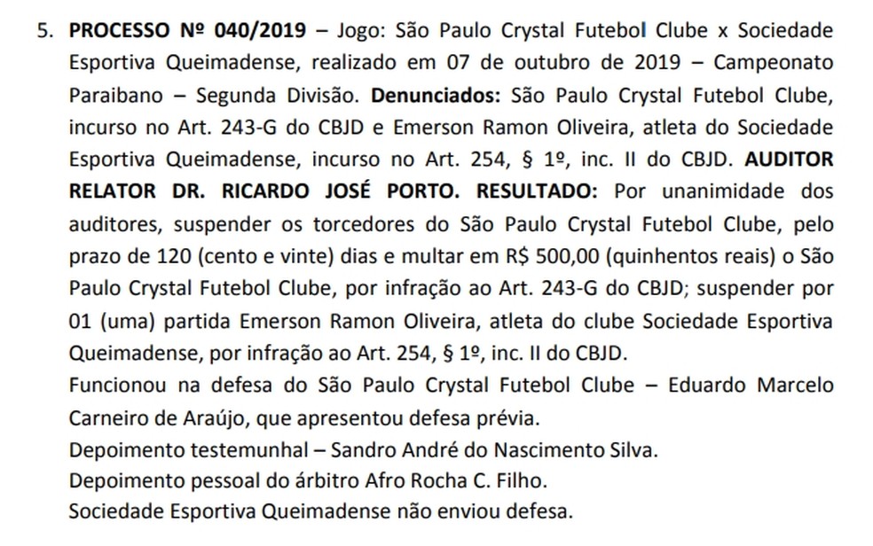 TJDF-PB suspendeu Negueba em uma partida ap�s a disputa da 2� divis�o do Paraibano, quando ainda defendia a Queimadense � Foto: Reprodu��o / TJDF-PB