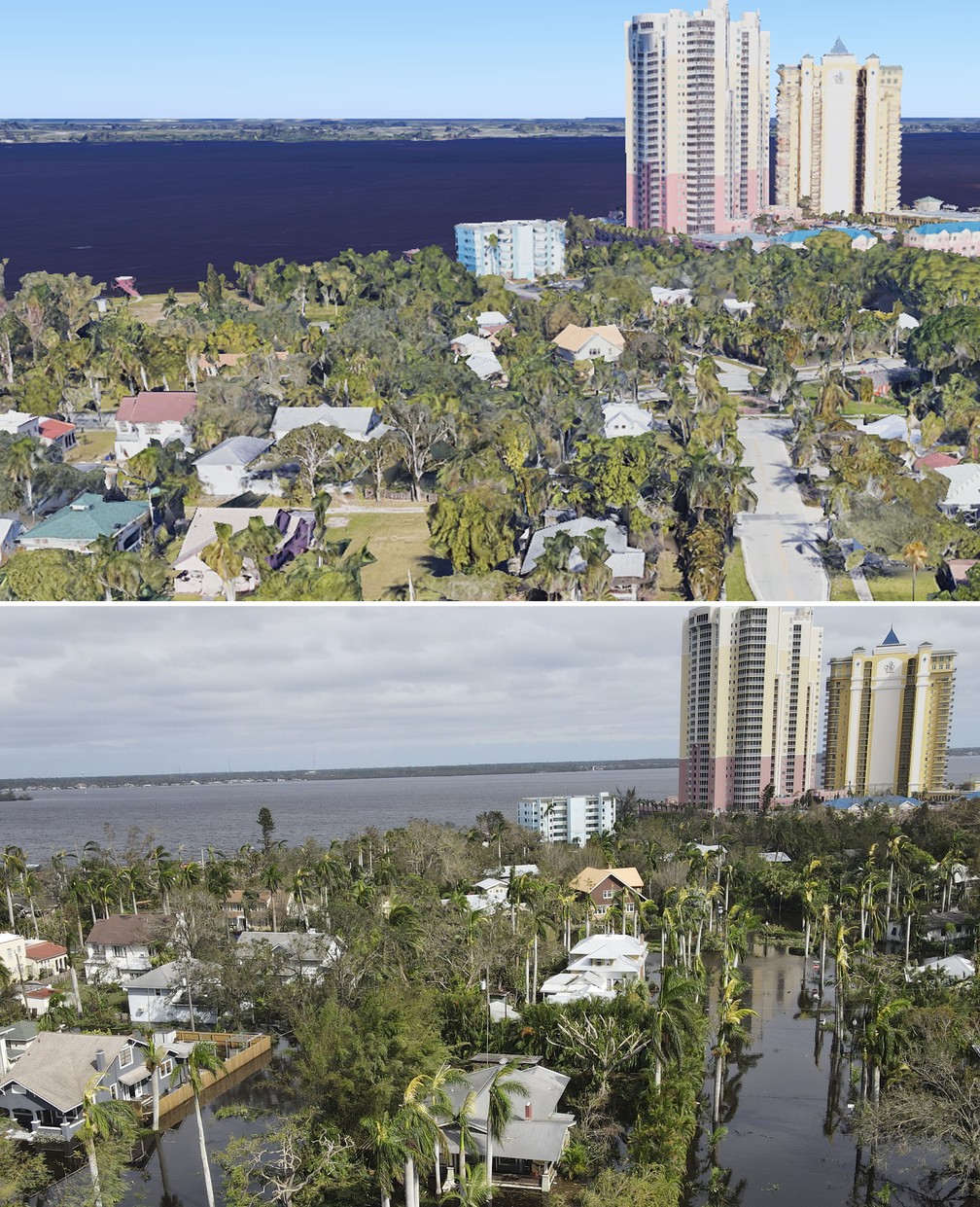 Casas perto do centro de Fort Myers ficaram inundadas após passagem do furacão Ian na Flórida, EUA — Foto: Google Earth e Rebecca Blackwell/AP