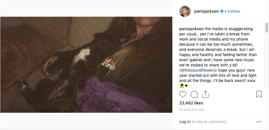 O post no qual Paris Jackson lamenta a forma como a imprensa está falando de sua internação em uma clínica de reabilitação (Foto: Instagram)