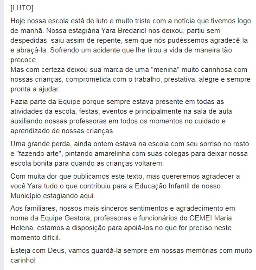 Escola fez homenagem para Yara em Itatiba &mdash; Foto: Reprodu&ccedil;&atilde;o/Facebook