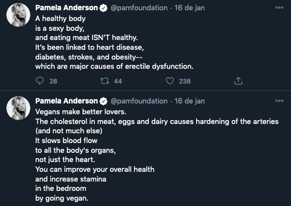 Os tuítes de Pamela Anderson defendendo sua tese sobre veganos serem melhores na cama (Foto: Twitter)