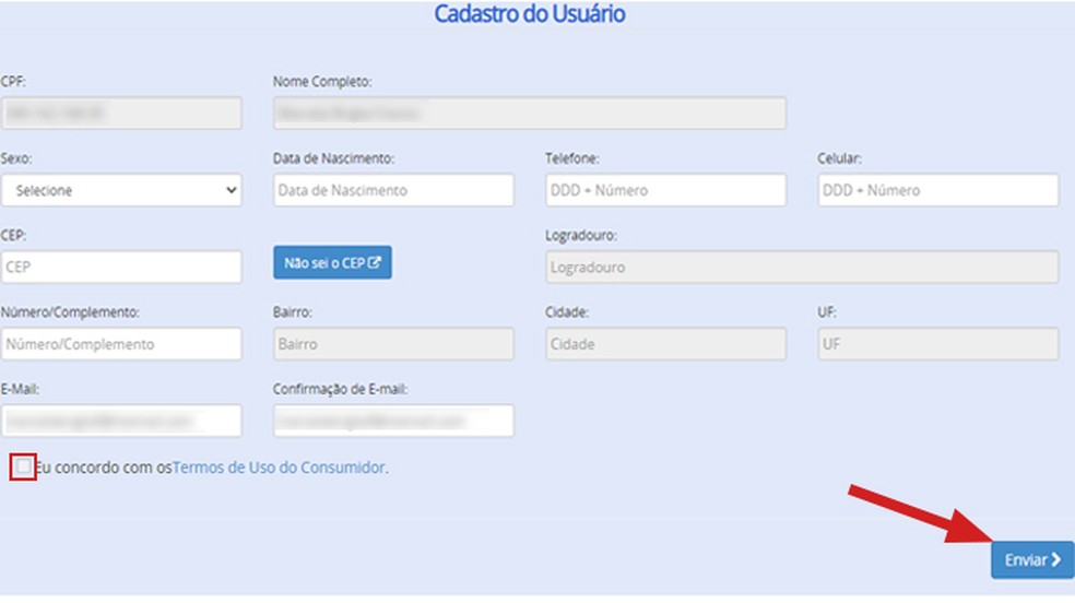 Realize o cadastro no site Consumidor.gov.br informando os dados pessoais pedidos pela plataforma — Foto: Reprodução/Marcela Franco