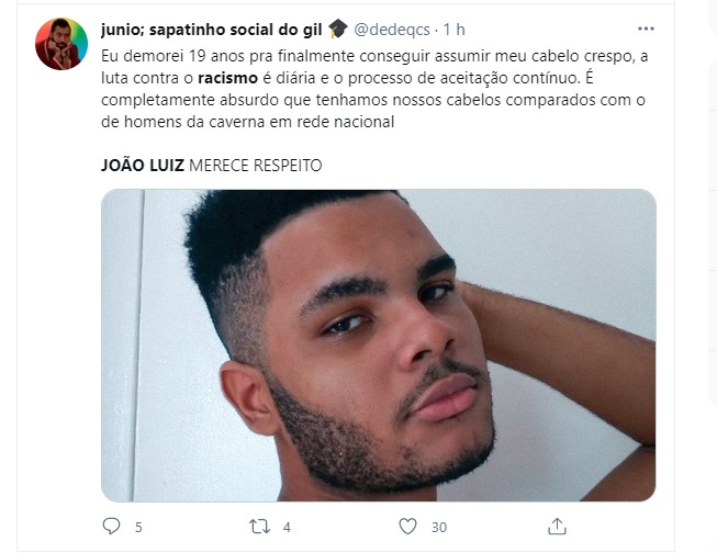 Internauta diz que João Luiz foi vítima de racismo no BBB21  (Foto: Reprodução Twitter)