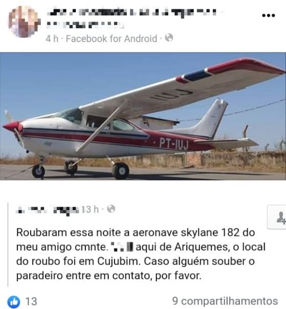 Avião agrícola, monomotor cessna 182, comercializado com nome de skylane 182 foi roubado de fazenda de Cujubim, RO. Neste sábado (11), a foto foi publicada no Facebook solicitando informações sobre o paradeiro.  — Foto: Reprodução/Facebook