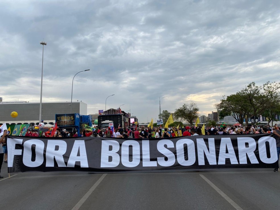 Cartaz em protesto contra governo Bolsonaro, em Brasília, neste sábado (2) — Foto: Afonso Ferreira/TV Globo